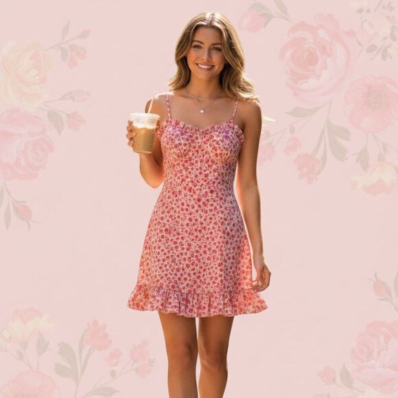 Sweetheart Neckline Rose Dress with Ruffled Trim Size Extra Small - Picture 1 of 6